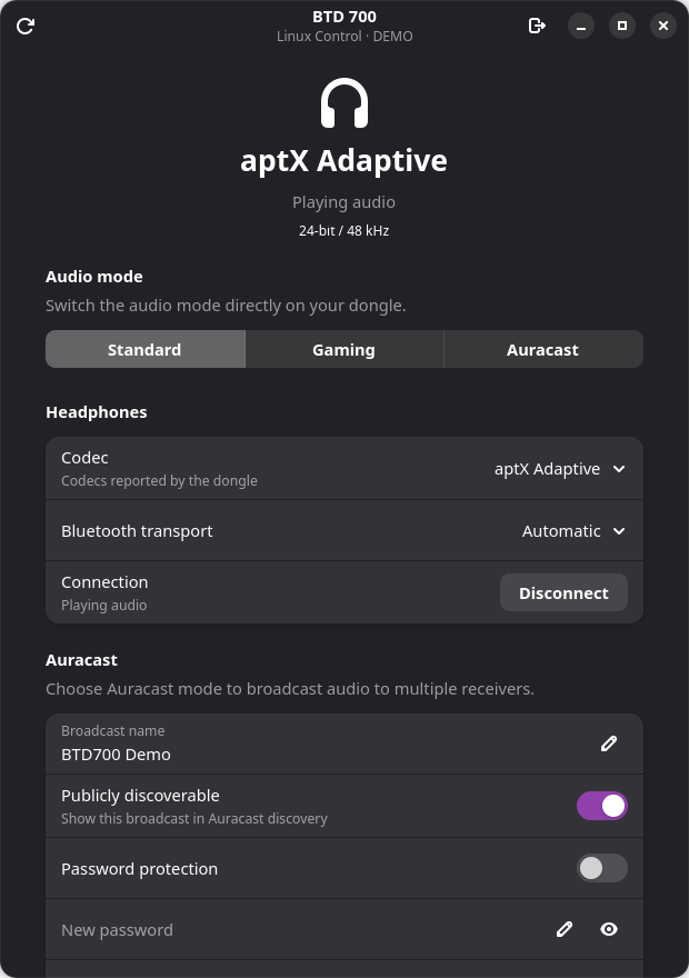 English app: active codec, audio mode and headphone connection