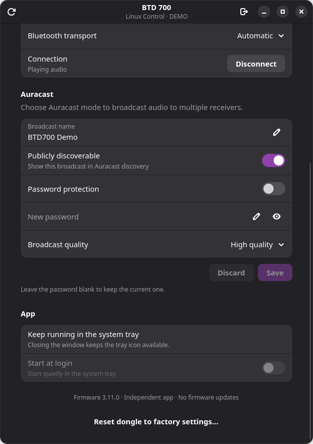English app: Auracast name, password protection, broadcast quality and startup settings